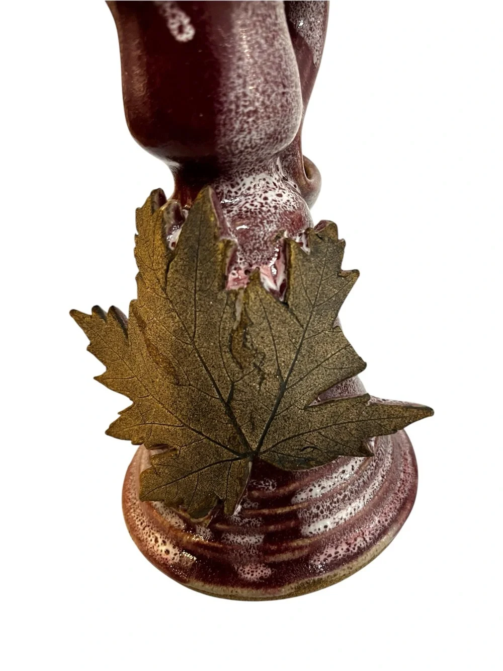Pair Of Studio Pottery Taper Candlesticks 3D Maple Leaves Mulberry Purple Glaze
